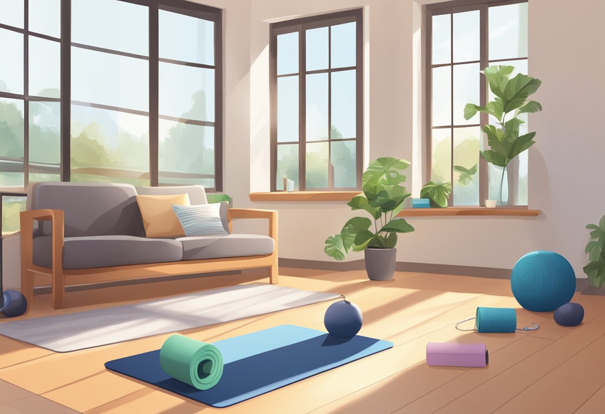 A serene, sunlit room with yoga mats and exercise equipment. A timer set for 25 minutes. A laptop displaying an online personal training session