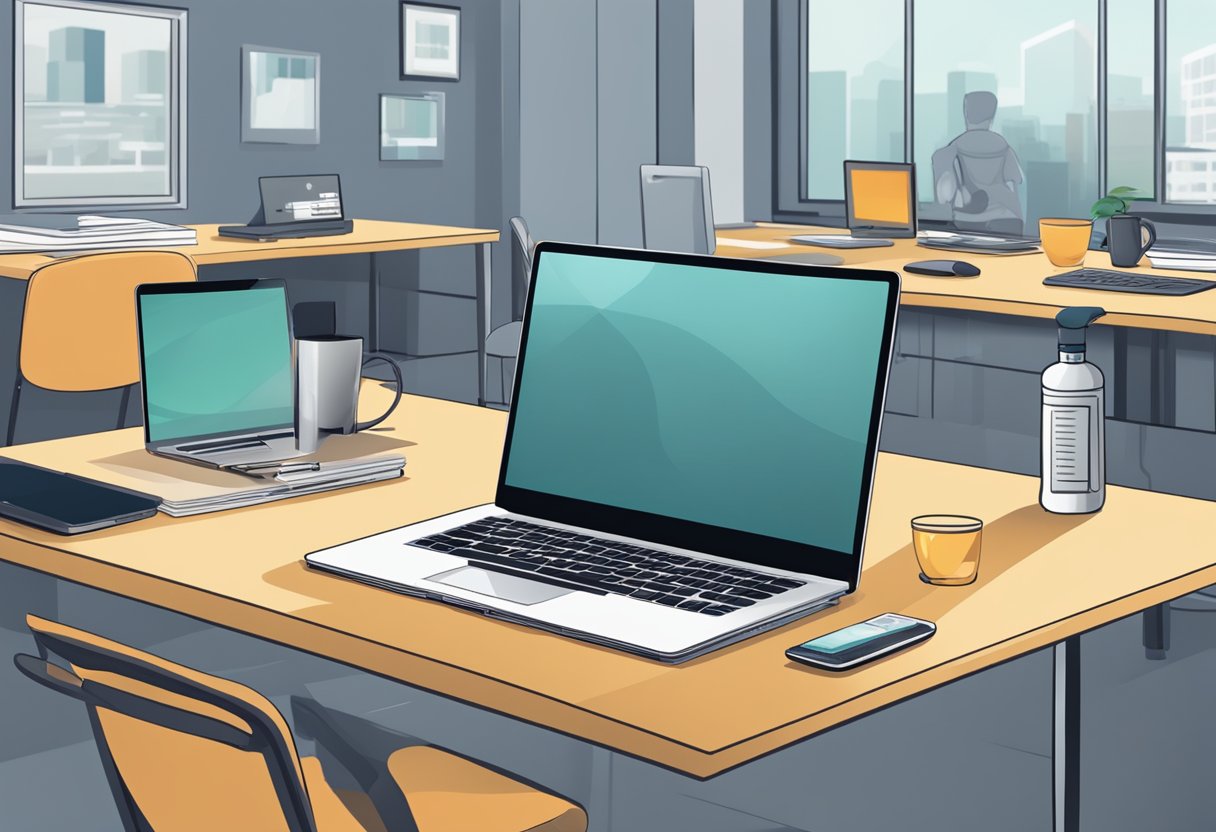 A laptop with a timer set to 25 minutes, a fitness mat, and a water bottle on a desk with a busy work environment in the background