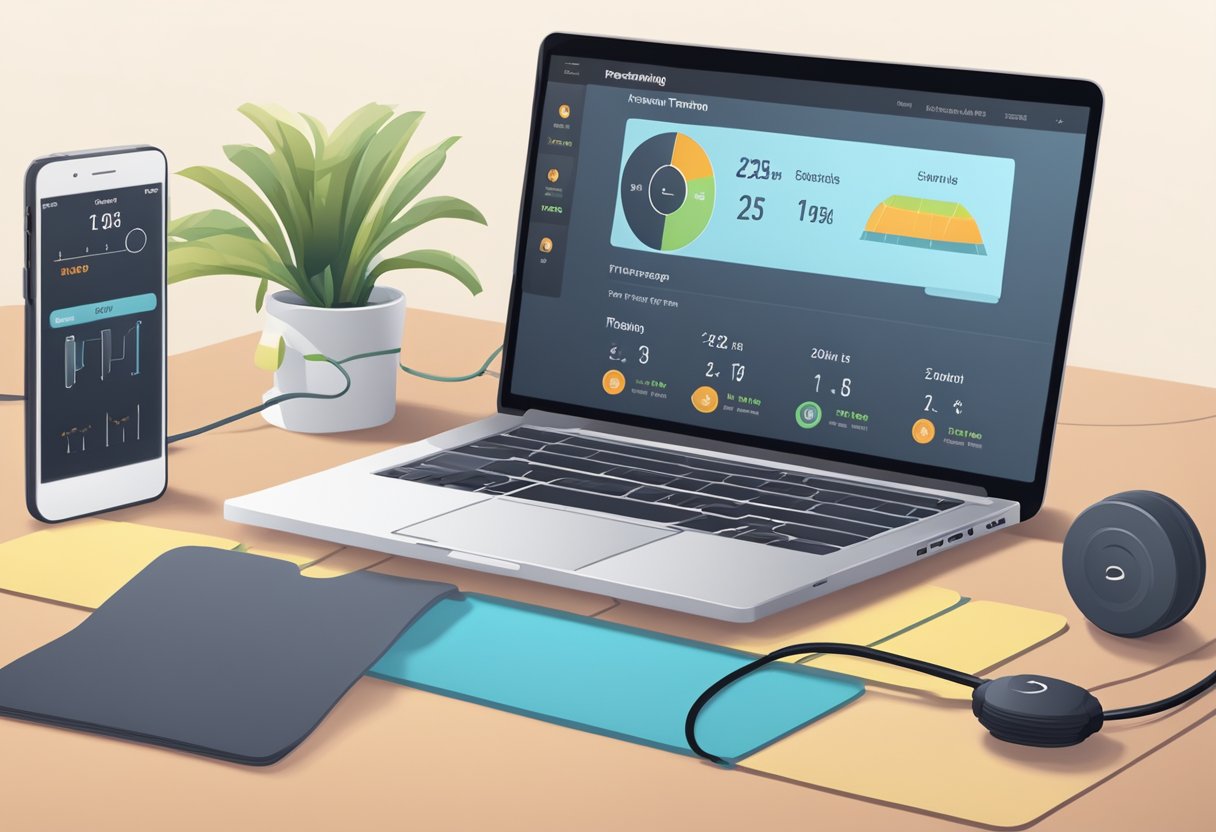 A timer set to 25 minutes, a laptop displaying an online personal training session, and a workout mat with fitness equipment nearby