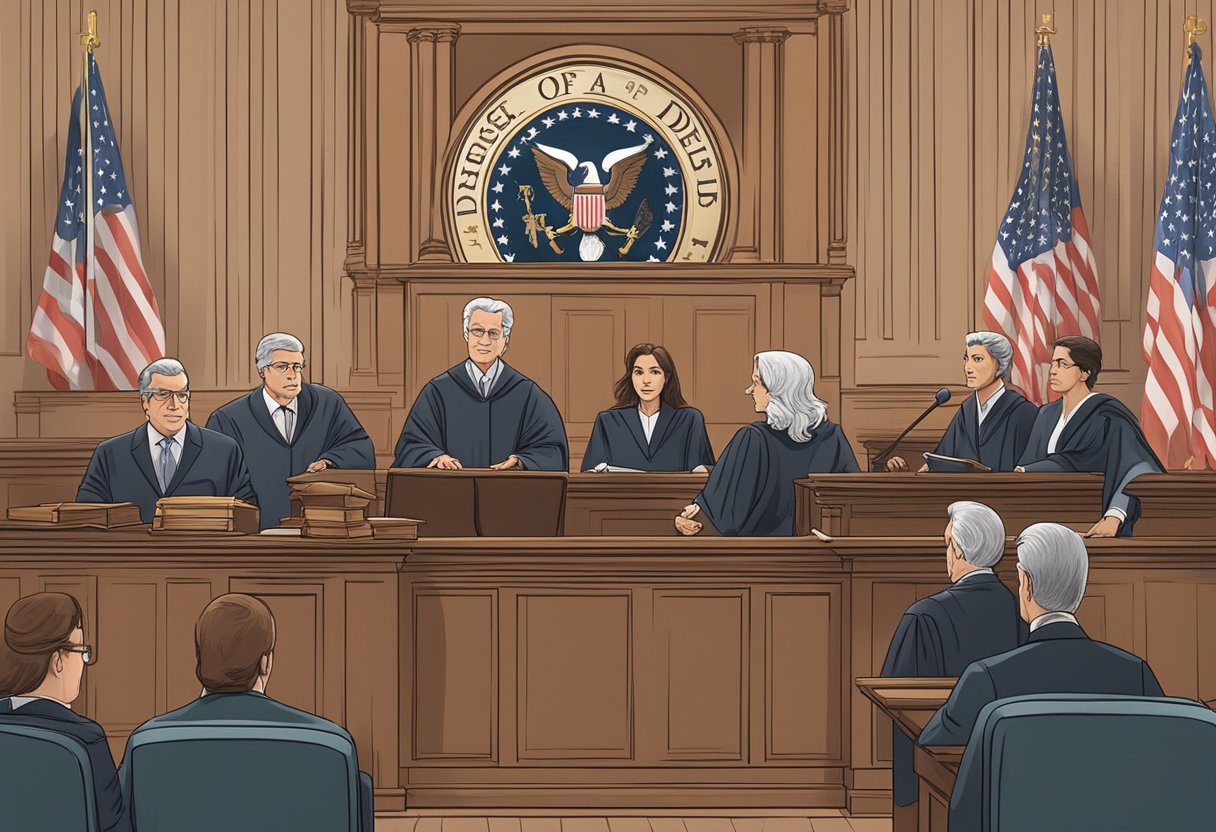 A courtroom with a judge presiding over a legal proceeding, lawyers presenting arguments, and a scale of justice symbolizing the legal process of debt prescription in different states of the USA