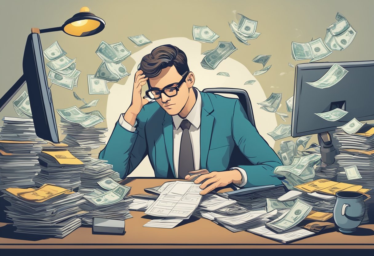 A person sits at a cluttered desk, surrounded by bills and financial statements. They are juggling multiple debts, trying to make sense of their financial situation. A lightbulb hovers above, representing the idea of debt consolidation