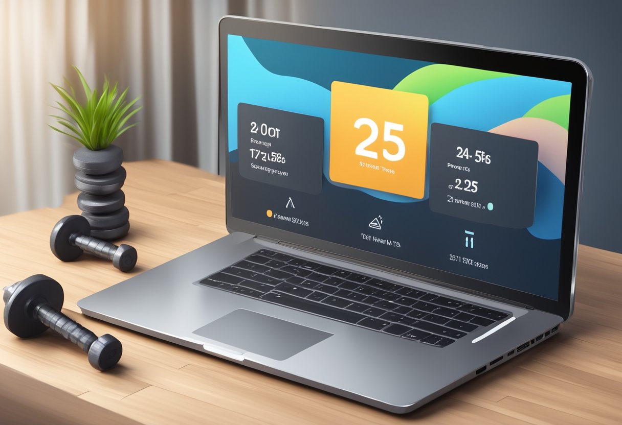 A timer set for 25 minutes on a laptop screen, next to a water bottle and a set of dumbbells. An online personal training session in progress