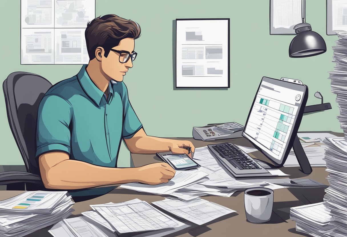 A person sits at a desk with a pile of bills and a calculator. A chart on the wall shows progress. Phone and computer are nearby