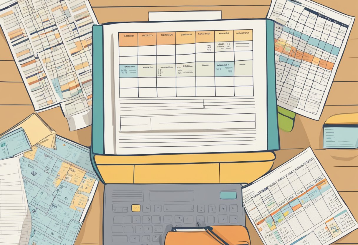 A calendar with dates crossed out, a stack of bills, and a credit report showing different states in the USA
