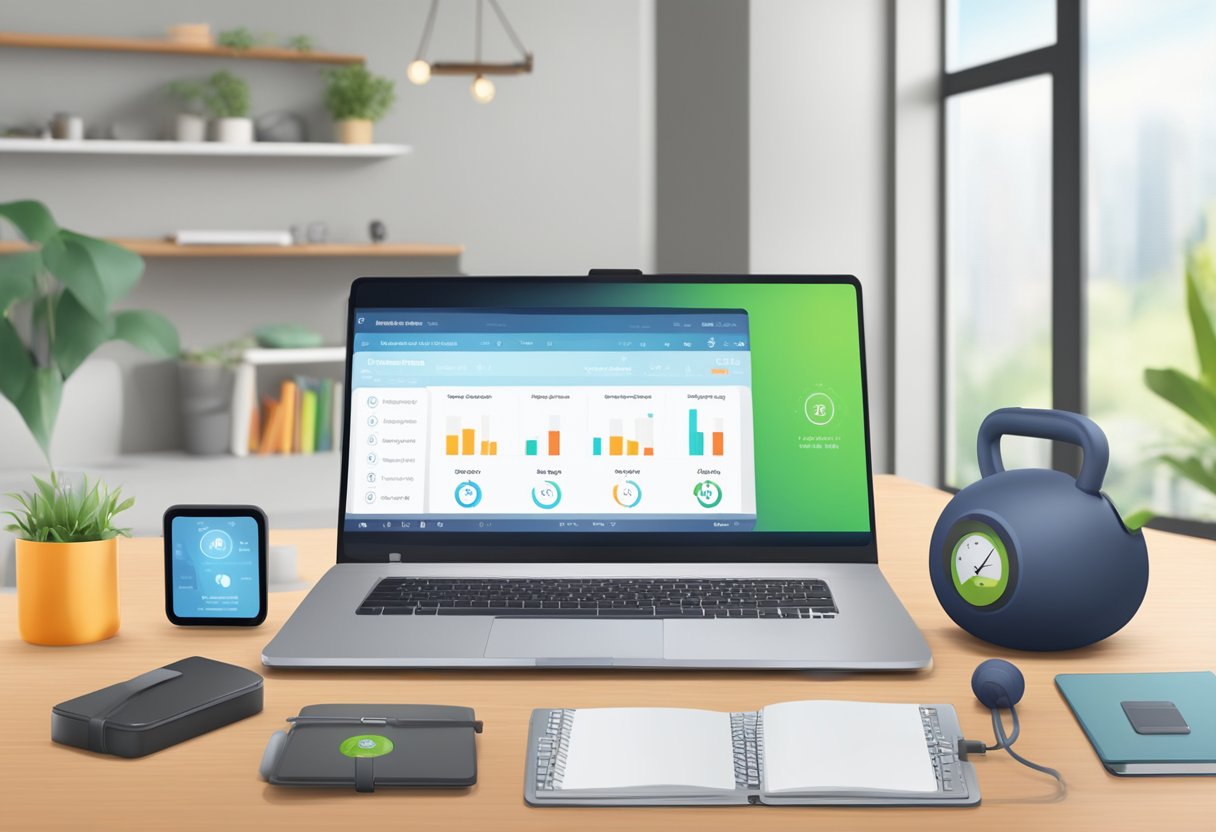 A professional setting with a laptop, fitness equipment, and a timer. The laptop displays a virtual personal training session while the timer shows 25 minutes