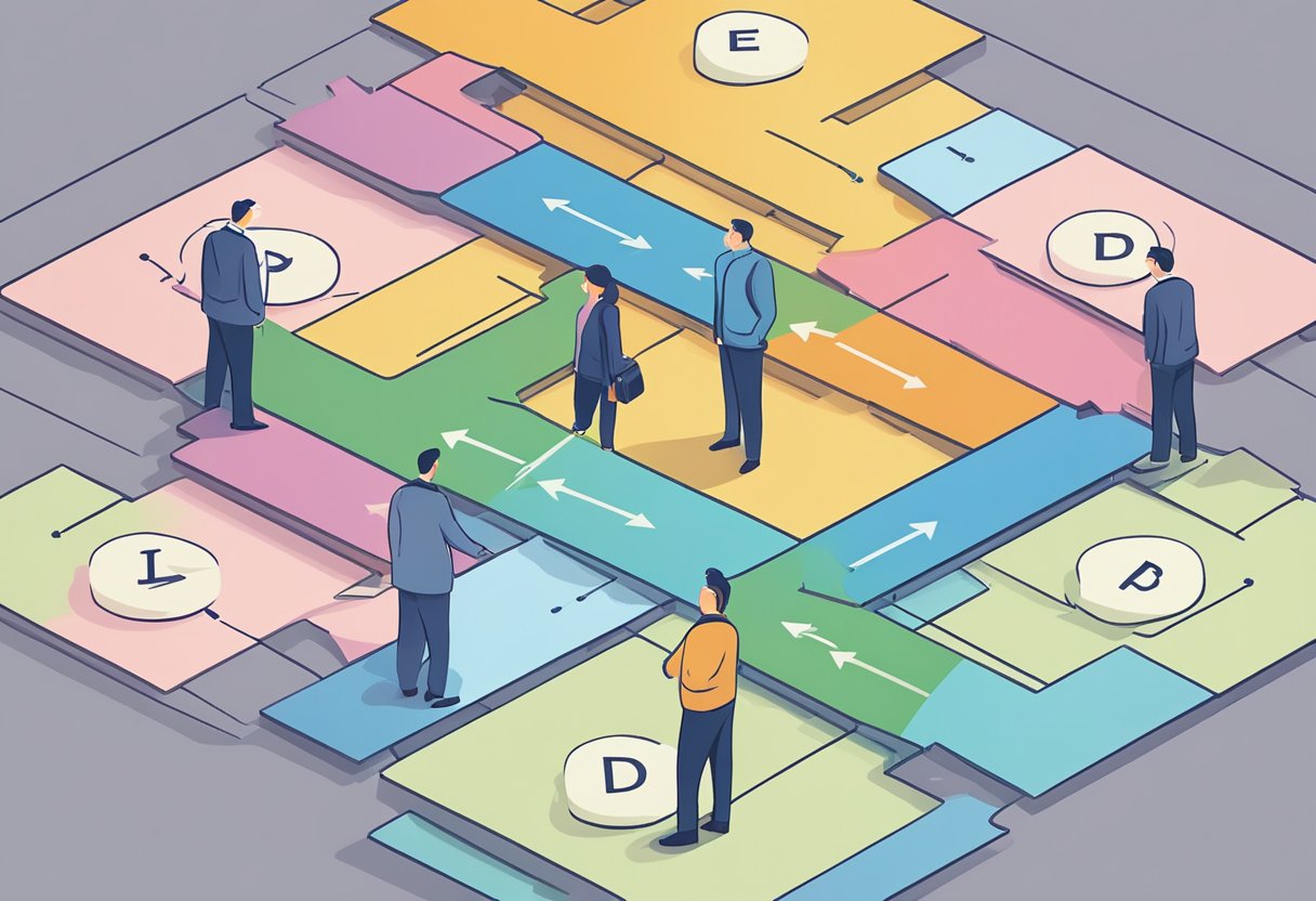 A person weighing options for debt consolidation. Multiple paths leading to a central point. Arrows pointing towards the center