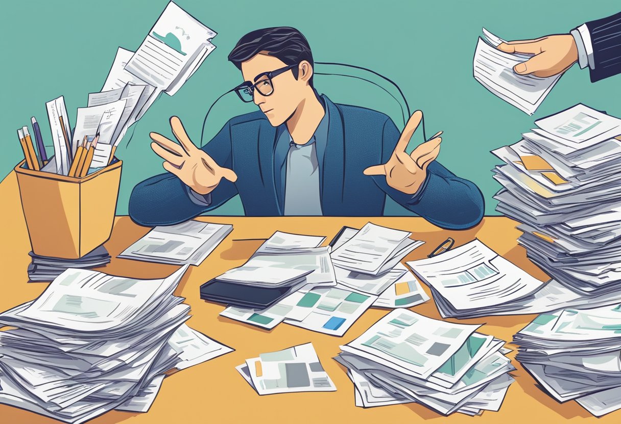 A person sitting at a desk surrounded by bills and financial documents, looking stressed. A hand reaching out to offer a helping solution