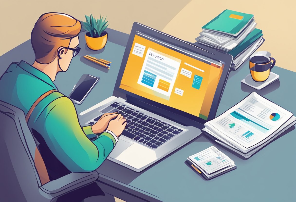 A person reviewing their financial statements and credit history, then making a plan to pay off debts and improve their credit score