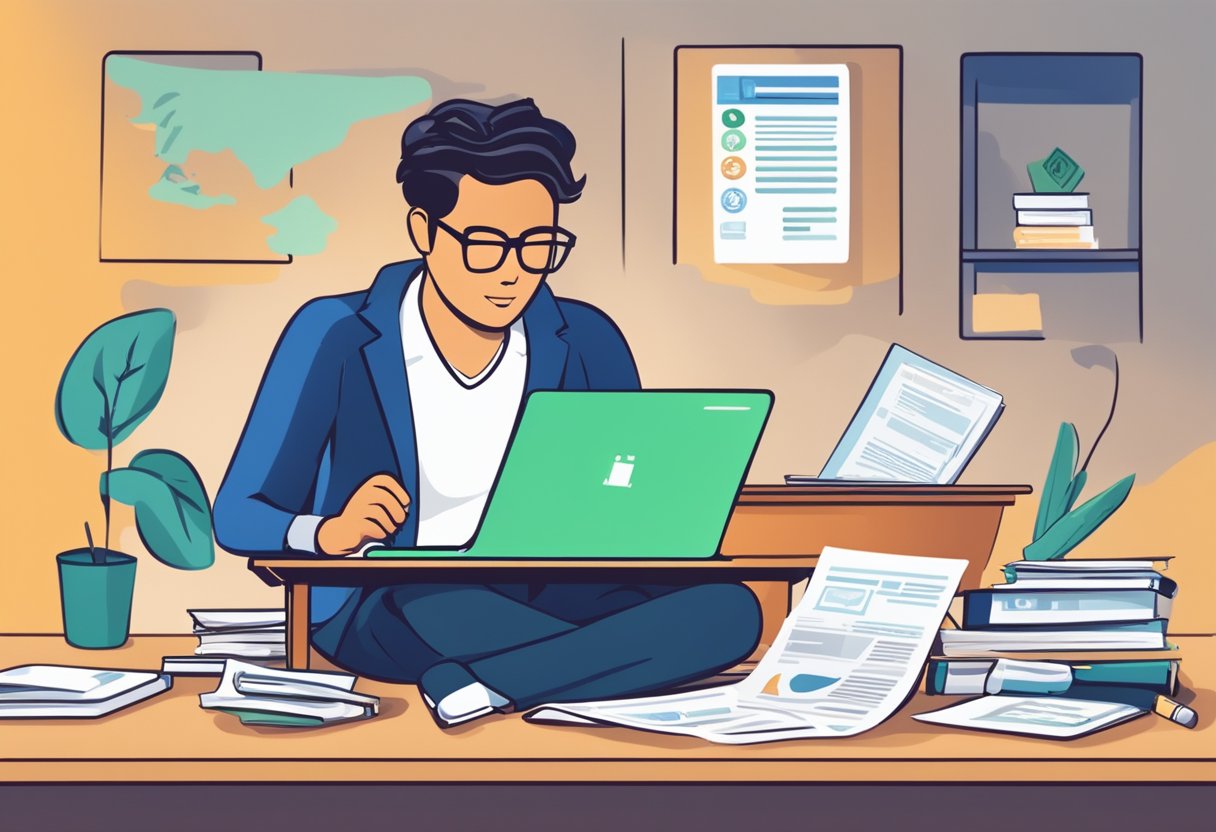 A person sitting at a desk with a laptop, filling out a loan application form. Various bank logos and financial documents scattered around the desk