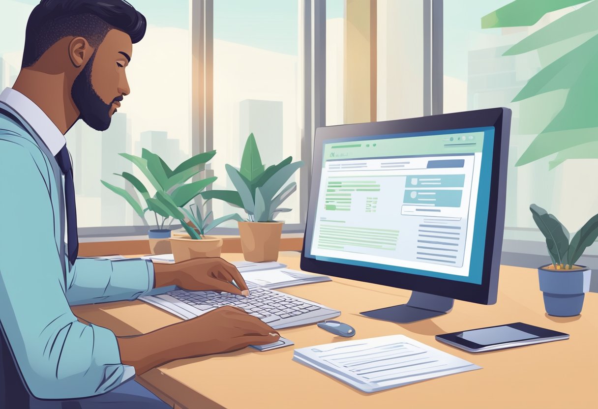 A person sits at a desk filling out a loan application on a computer. A bank representative reviews the application and approves the loan