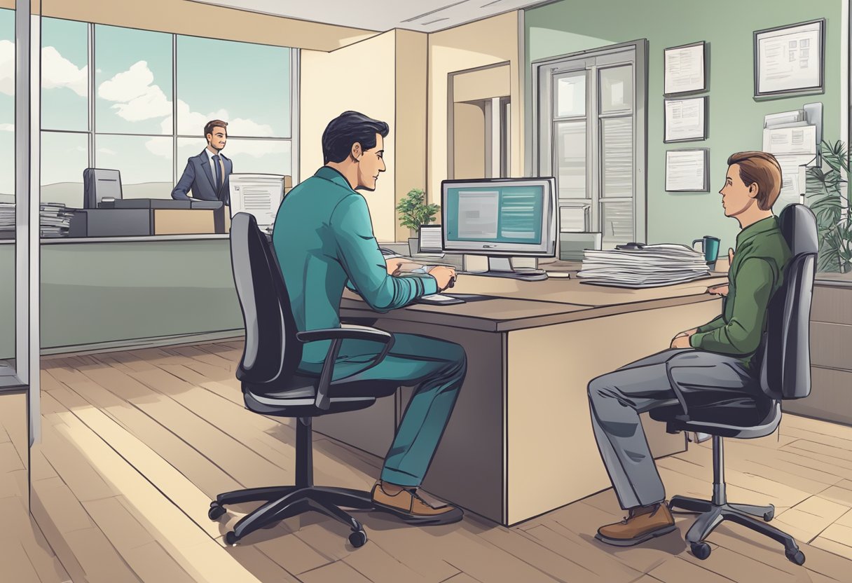 A person at a bank, talking to a loan officer about getting a car loan. The loan officer is sitting at a desk, with paperwork and a computer