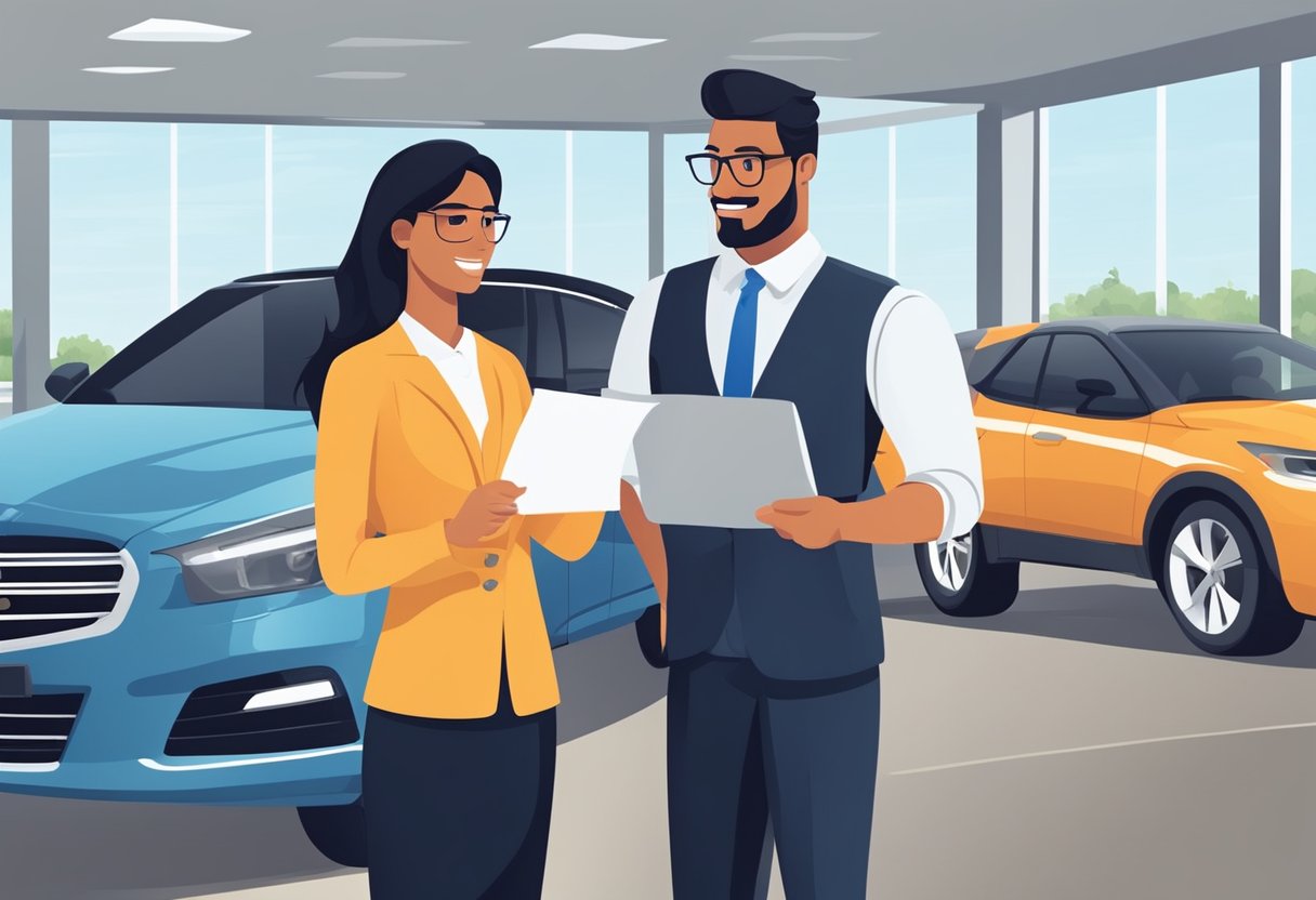 A customer and a salesperson discuss financing options for a car purchase at a dealership. The salesperson presents loan terms and payment plans