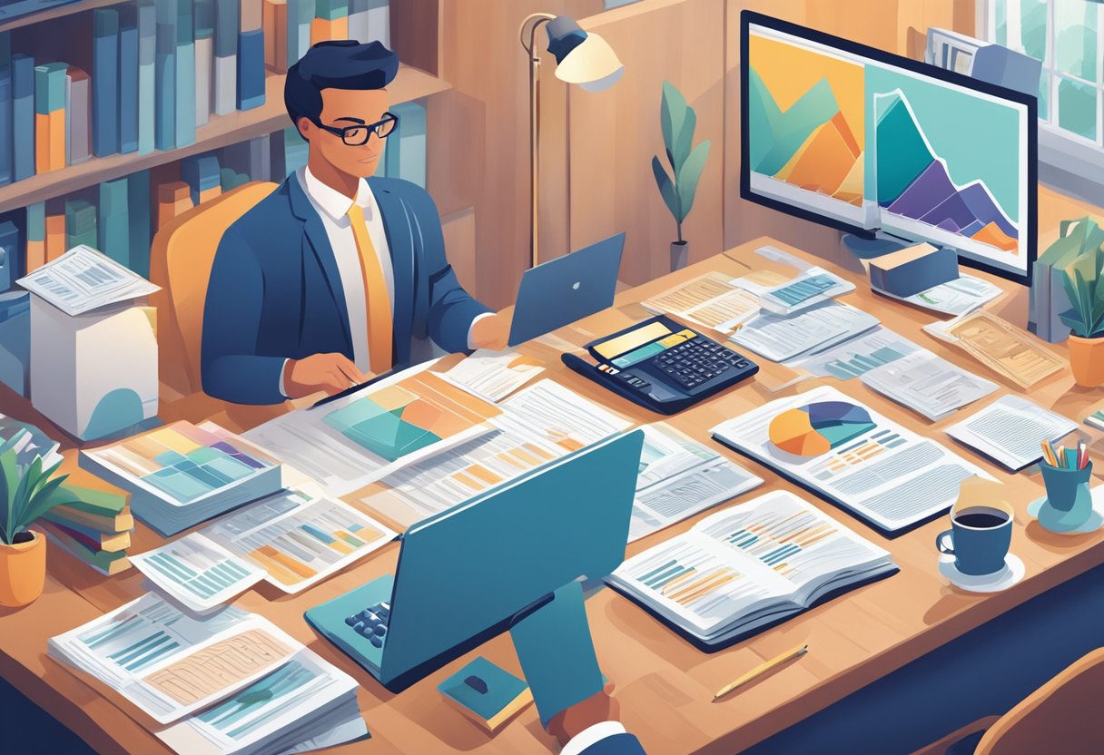 A person researching financial products with a focus on debt management in the USA. They are surrounded by various financial documents and charts, indicating thorough research and consideration