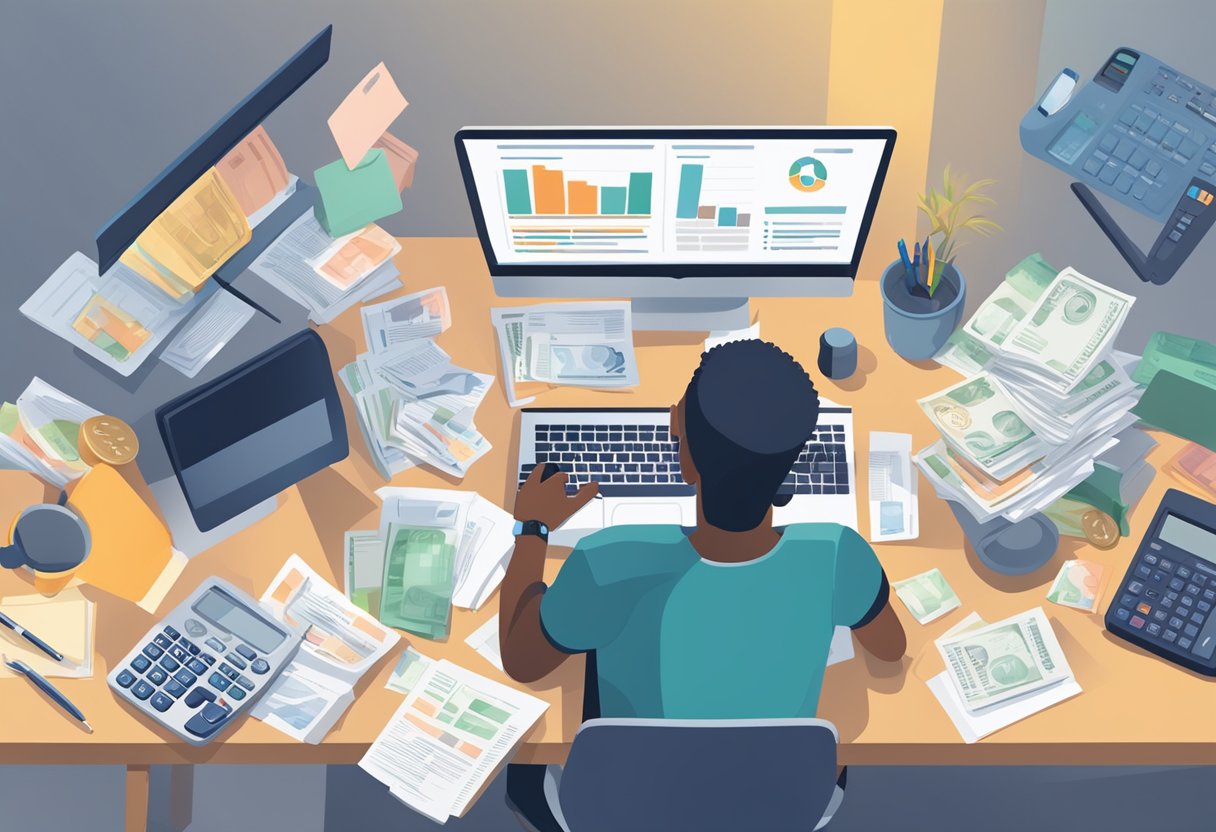 A person sits at a desk with a computer, surrounded by financial documents and a calculator. They are researching debt management options online