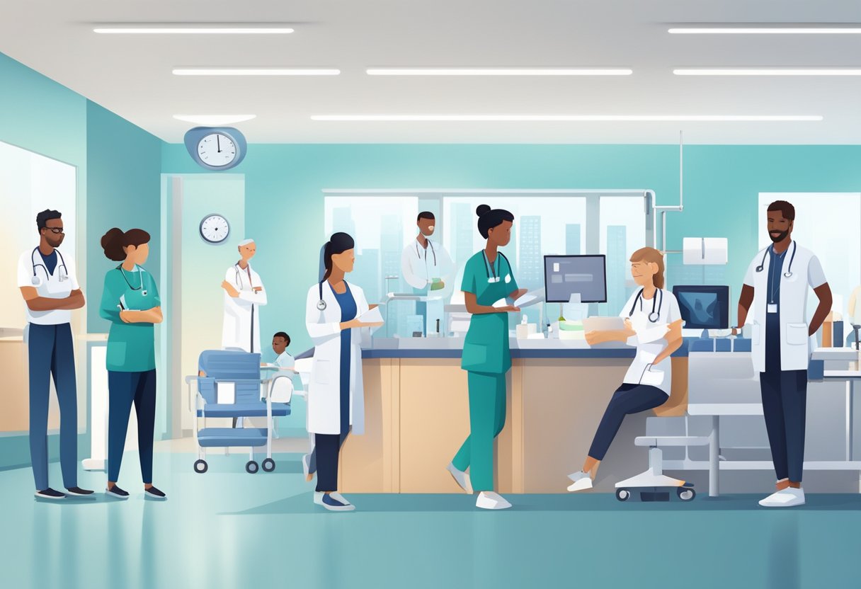 A diverse group of people receiving medical care in a modern clinic, with doctors and nurses providing assistance. The scene includes various medical equipment and a welcoming reception area