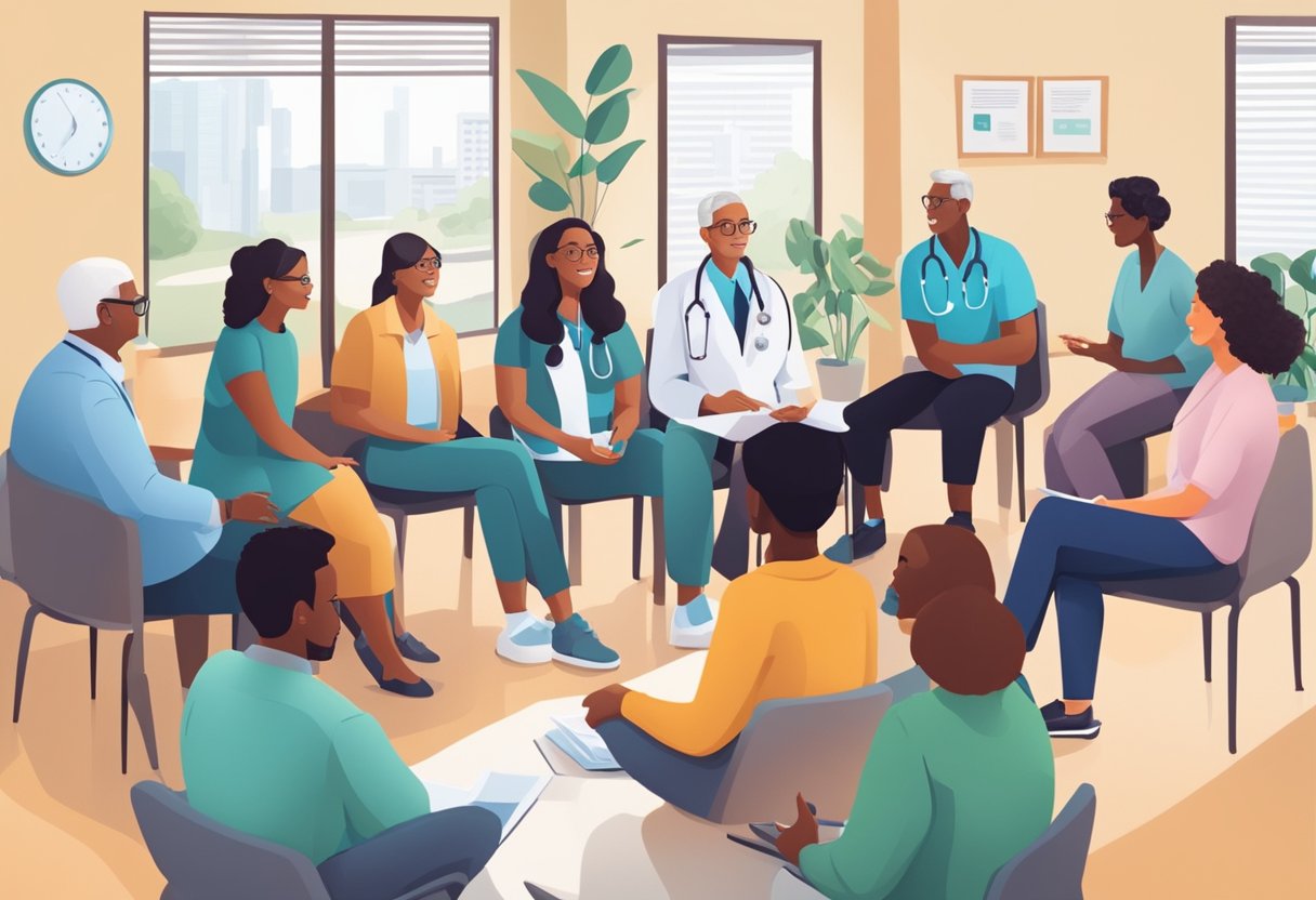 A diverse group of people of different ages and backgrounds are gathered in a doctor's office, discussing and learning about specific population health insurance options in the USA
