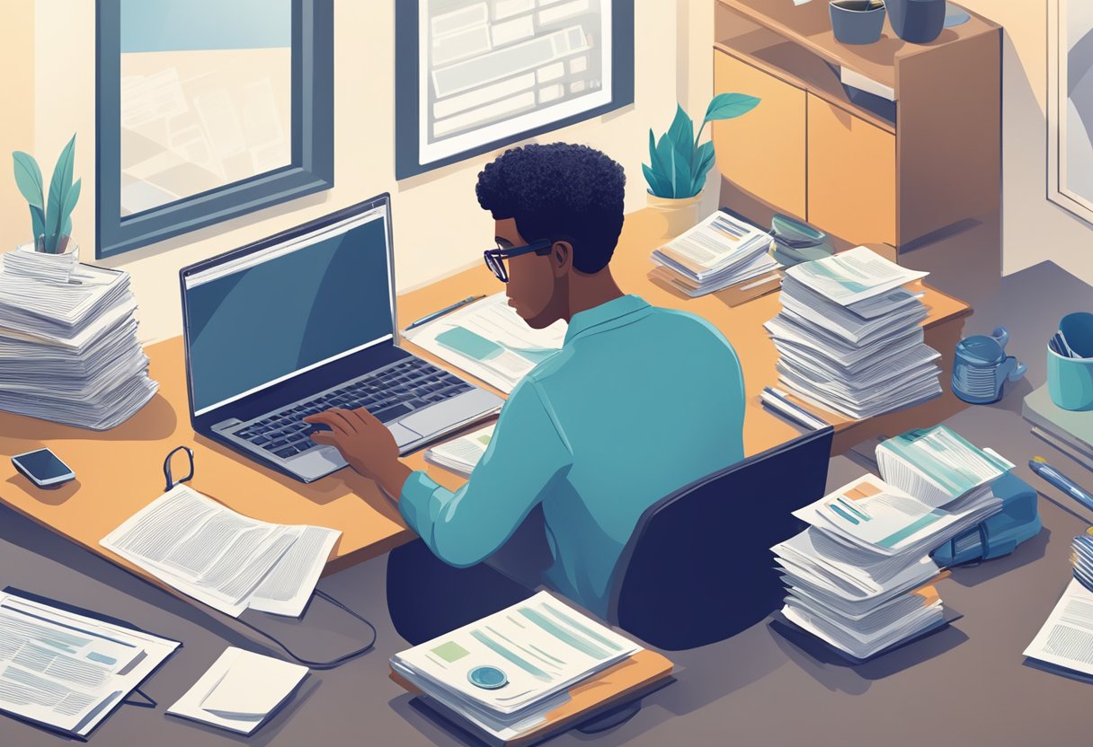 A person sitting at a desk, surrounded by paperwork and a computer, researching government health insurance options in the United States