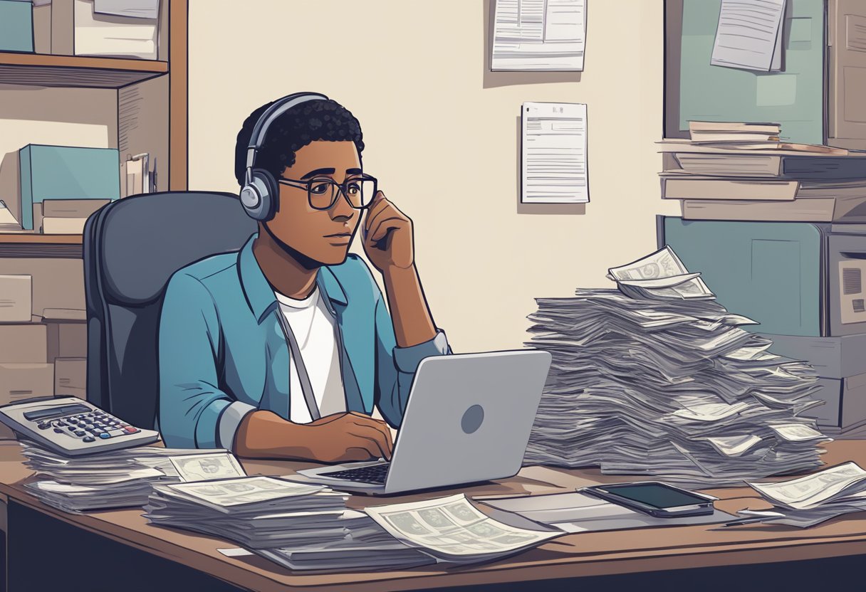 A person sitting at a desk, surrounded by bills and paperwork. A calculator and a laptop are open, with a worried expression on the person's face