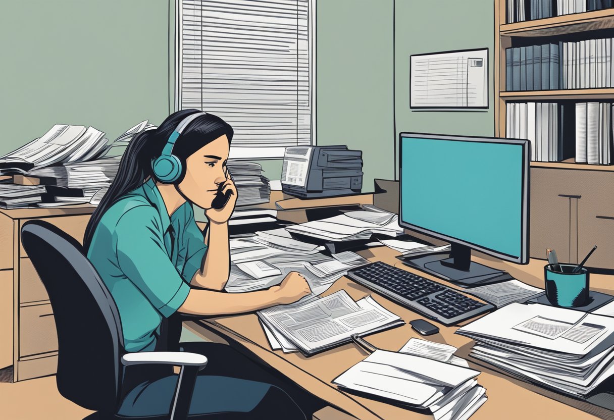 A person sitting at a desk, surrounded by paperwork and a computer, with a concerned expression while on the phone with the IRS