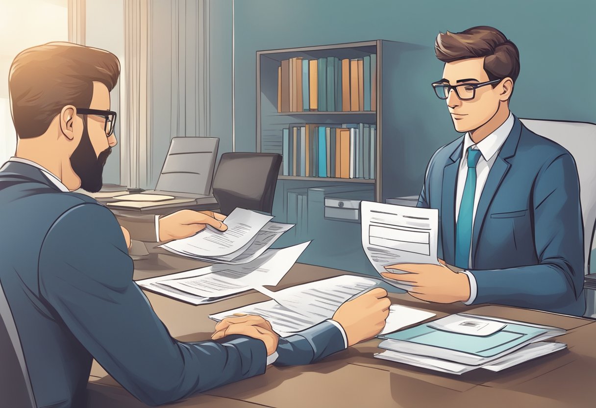 A person submits paperwork and meets with a loan officer. The officer reviews the application and collateral before approving the guaranteed personal loan