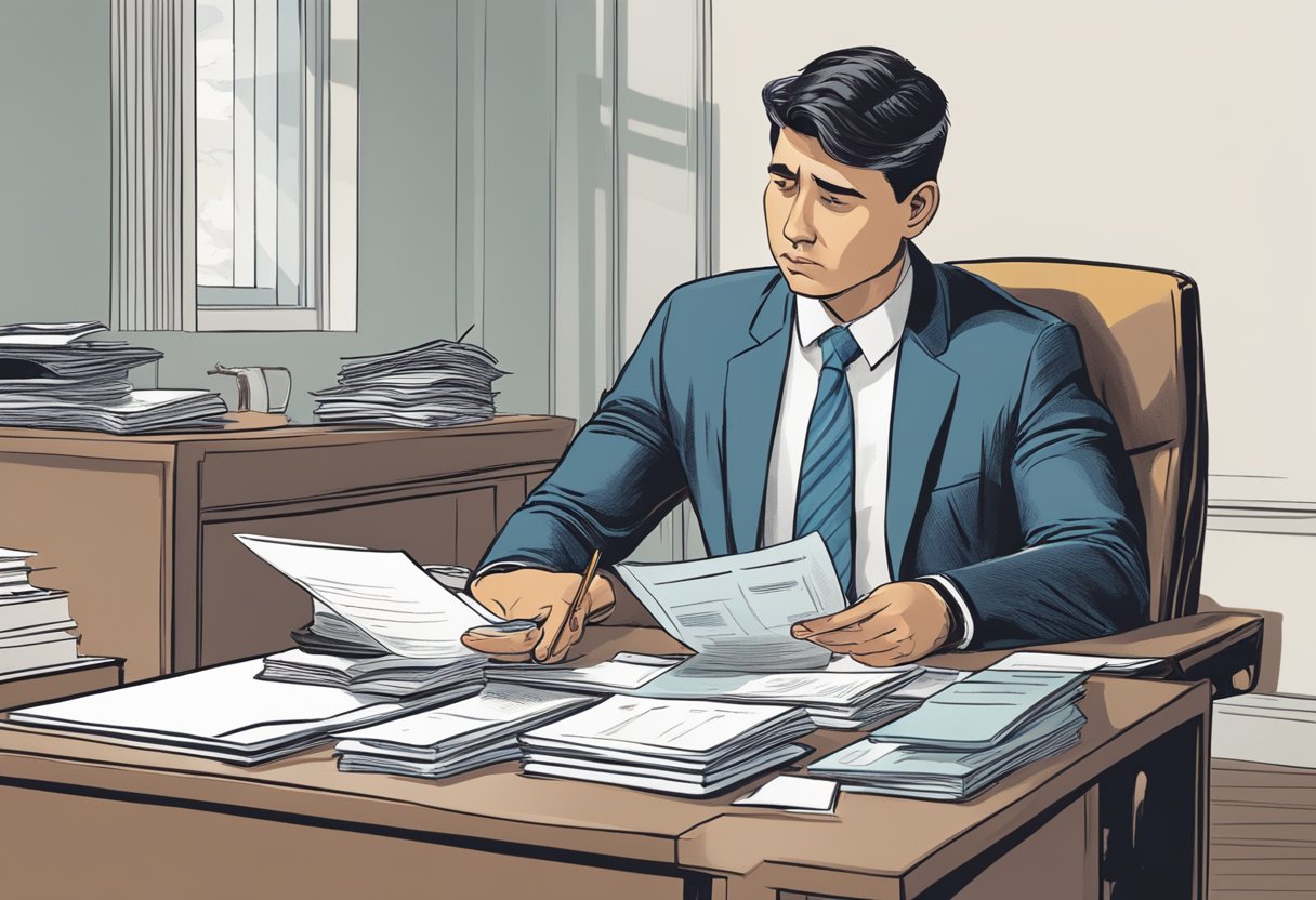 A person sitting in a government office, nervously fidgeting as an official looks over their financial records. The person's worried expression reflects the impact of debt on their naturalization process