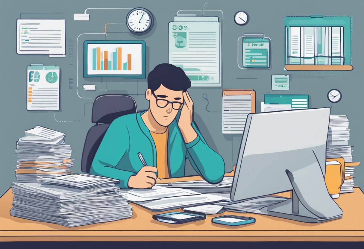 A person sitting at a desk surrounded by medical bills and paperwork, looking stressed. A credit score meter shows a decrease. Phone in hand, negotiating with medical providers