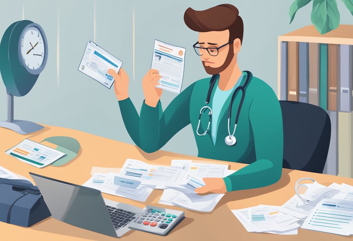 A person disputing credit errors, with medical bills impacting credit score. Show process of disputing errors and managing medical debt impact