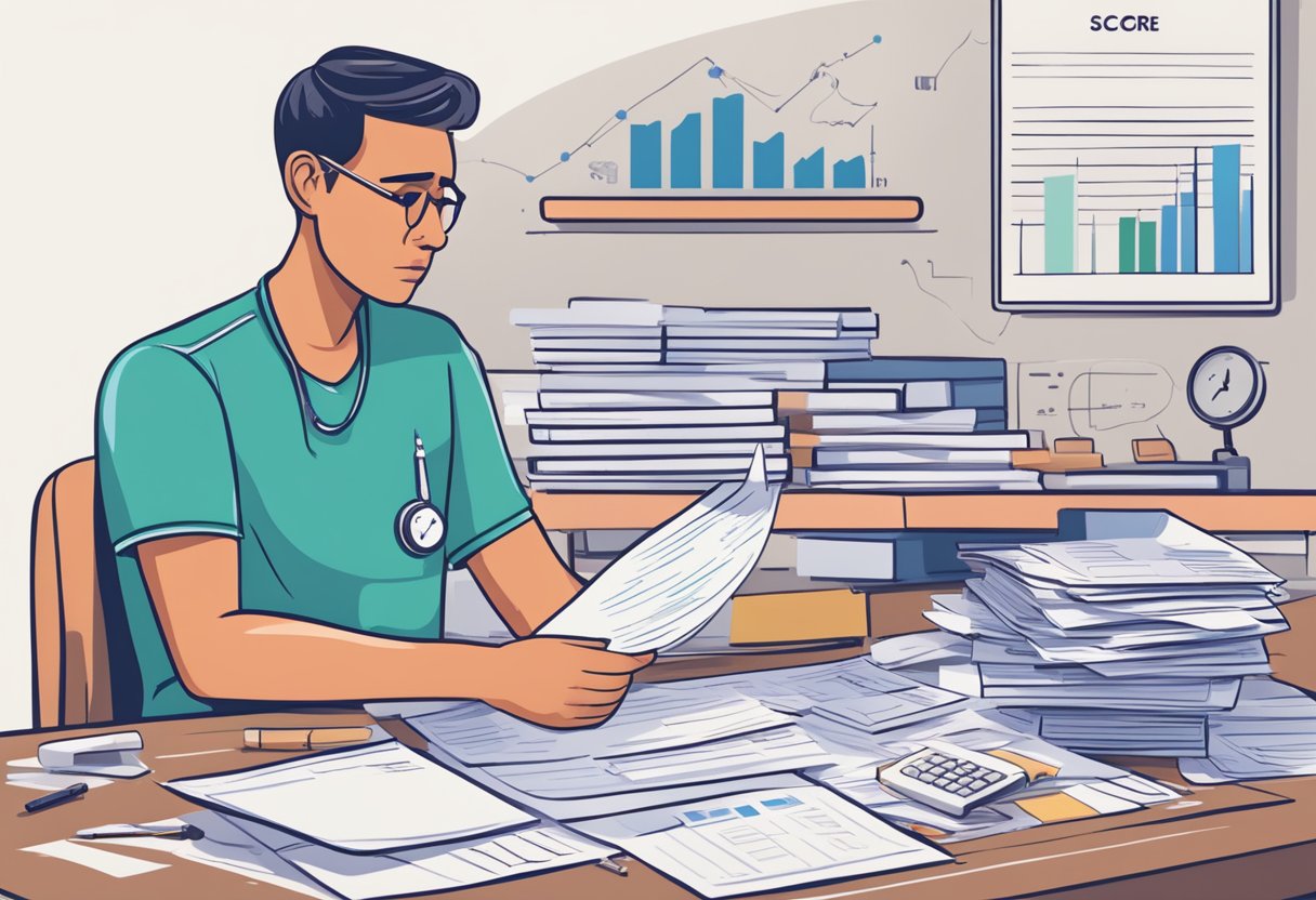A person receiving medical bills with a worried expression, a pile of unpaid bills, and a credit score dropping on a graph