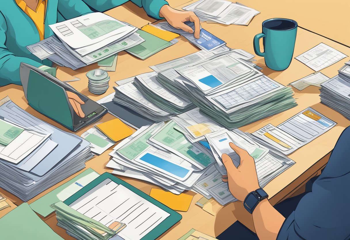 A person sorting through bills and paperwork, with a mix of credit card statements, medical bills, and loan documents spread out on a table
