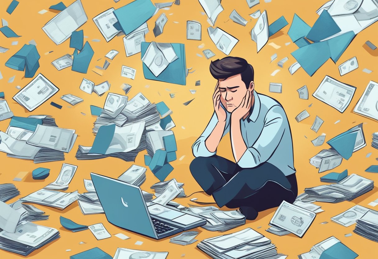 A person surrounded by credit card debt, looking stressed and overwhelmed. Bills and financial statements scattered around them, creating a sense of chaos and anxiety