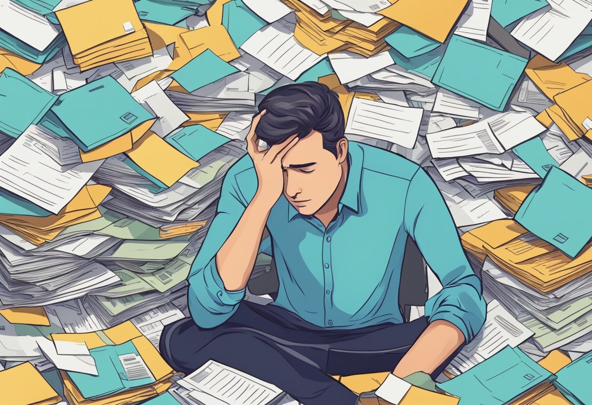 A person surrounded by unpaid bills and overdue notices, looking stressed and overwhelmed