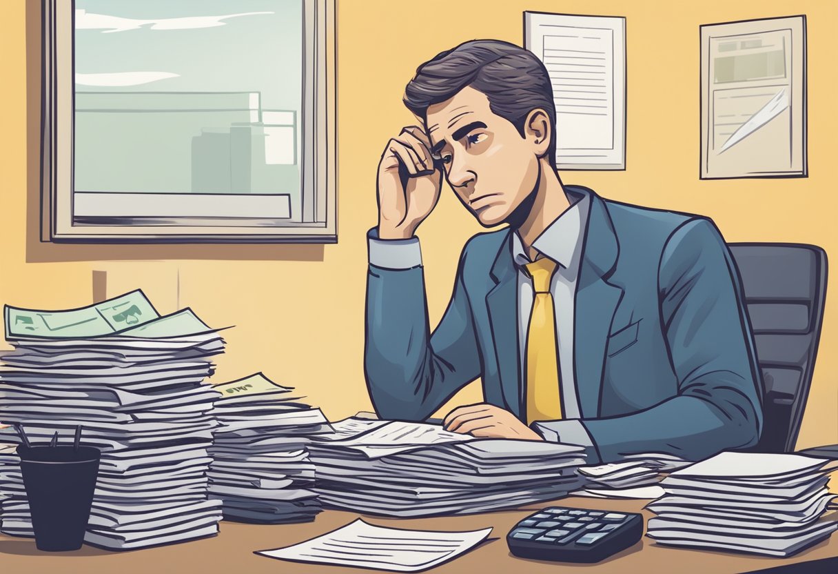 A person considering debt consolidation options with a stack of bills and a calculator on a desk, with a worried expression