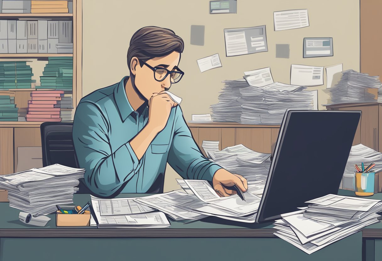 A person at a desk, surrounded by bills and paperwork. They are contemplating their options for debt consolidation, with a calculator and financial documents in front of them