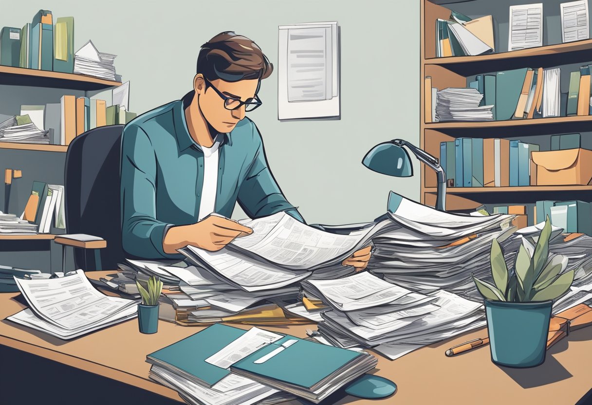 A person sitting at a cluttered desk, surrounded by bills and financial documents. They are looking stressed and overwhelmed while trying to consolidate their debts
