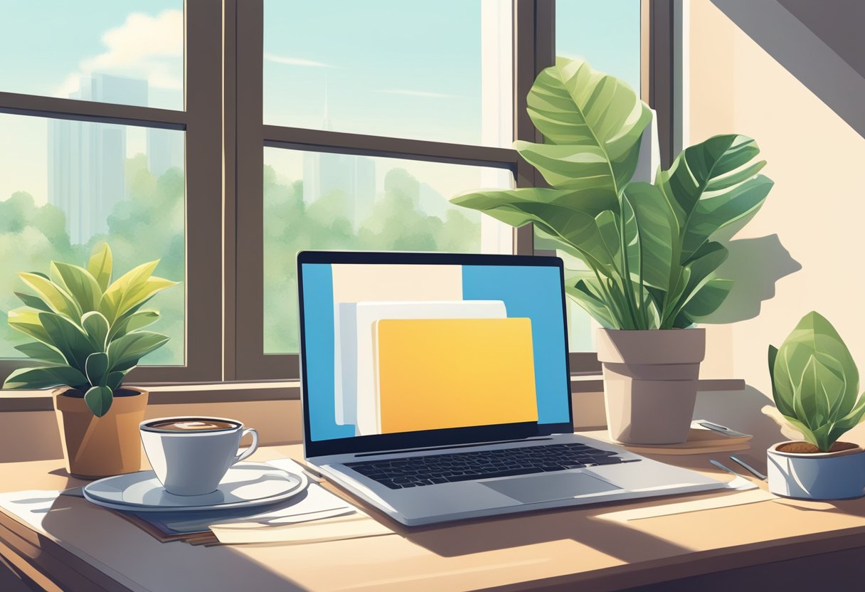 A laptop on a desk with a stack of books, a plant, and a cup of coffee. A window shows a sunny day outside