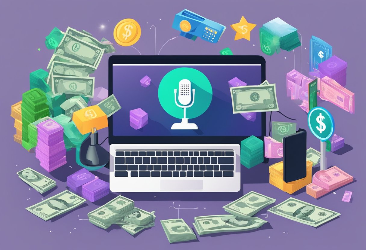 A microphone surrounded by dollar signs and various online money-making symbols, such as a computer, a smartphone, and a stack of cash