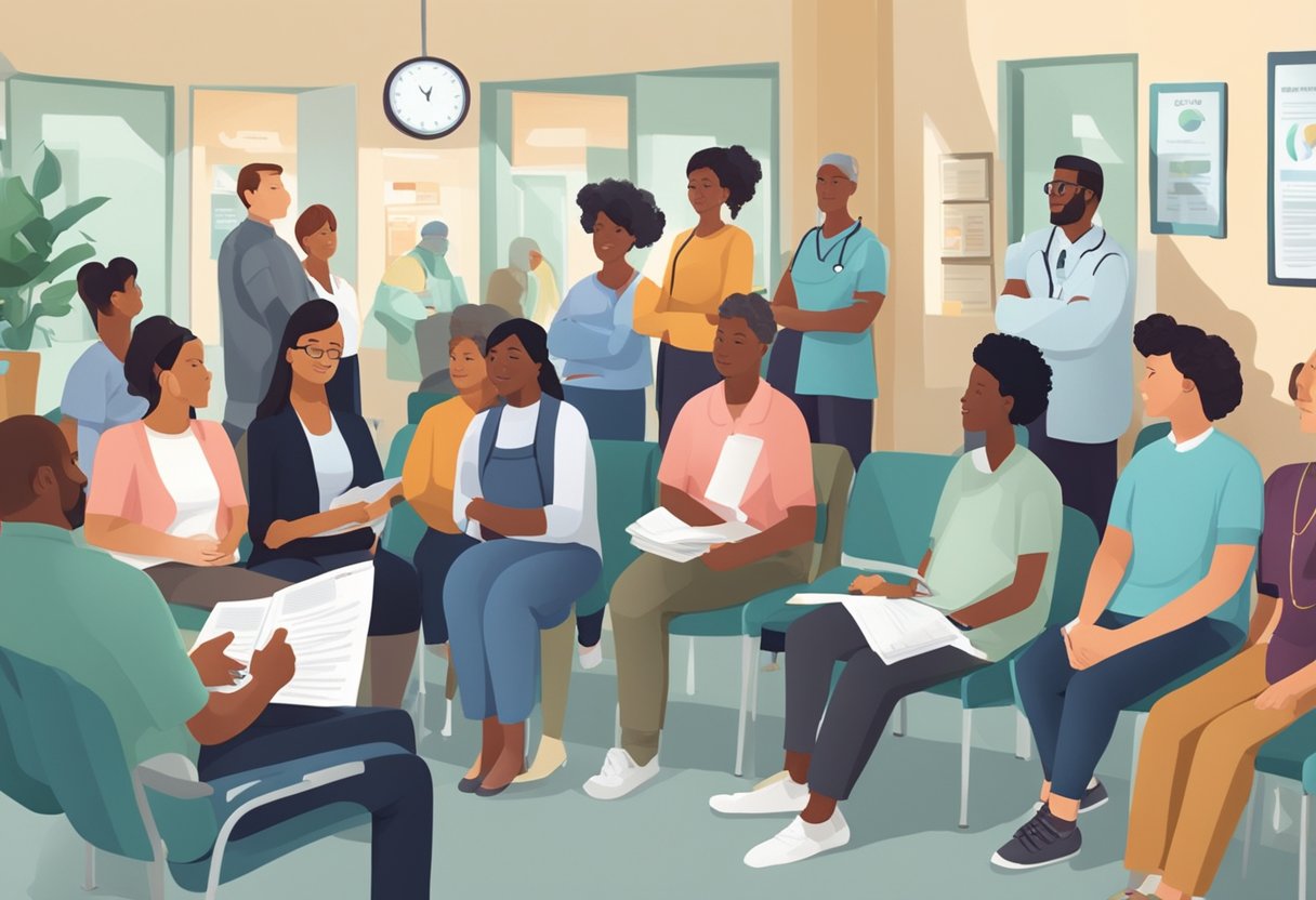 A crowded waiting room in a free clinic, with diverse individuals seeking medical assistance. Signs and pamphlets about insurance and financial aid are displayed prominently