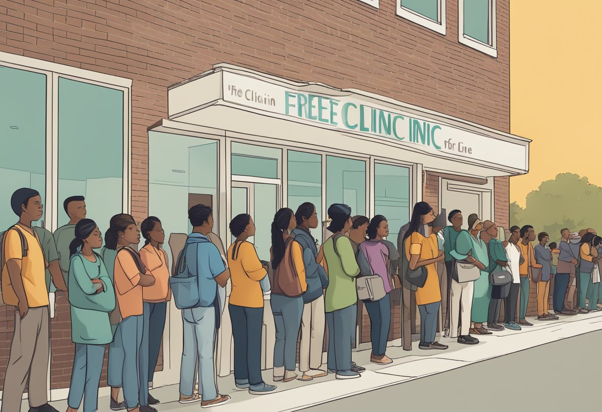 A diverse group of people waiting in line outside a clinic, with a sign indicating "Free Clinic for Undocumented Individuals" in the background