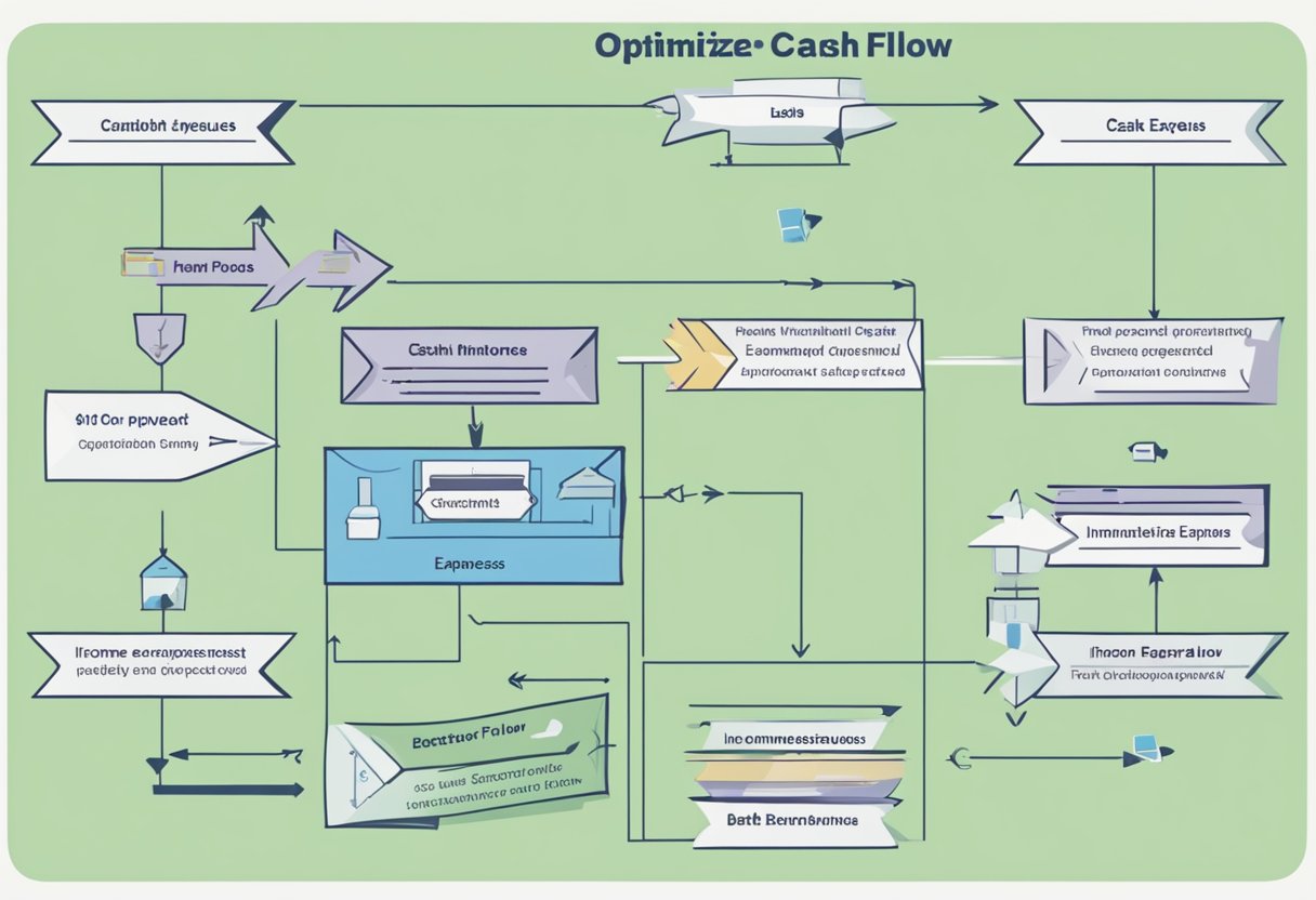 A flowchart showing steps to optimize cash flow and eliminate debt. Arrows and boxes illustrate the process, with income and expenses represented visually