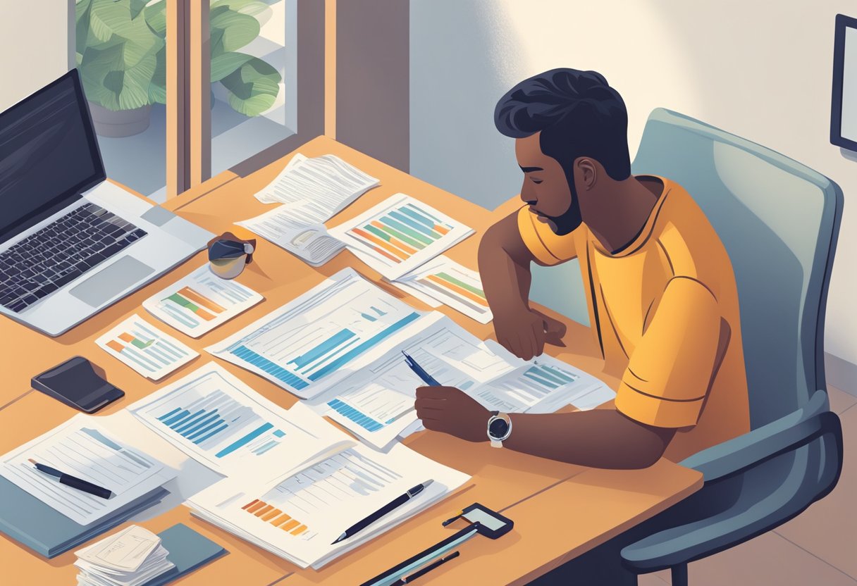 A person reviewing financial documents and credit reports, creating a plan to improve their credit score after debt cancellation