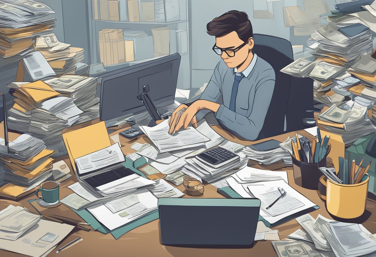 A person sits at a cluttered desk, surrounded by bills and financial documents. They are reviewing their options for refinancing and consolidating their debt, with a determined look on their face