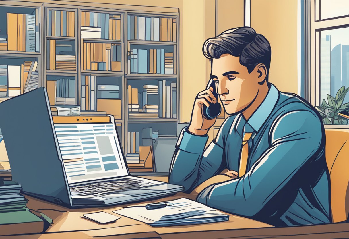 A person sitting at a desk with a stack of bills and a laptop, speaking with a financial advisor over the phone. The advisor is providing guidance on debt management and consolidation options