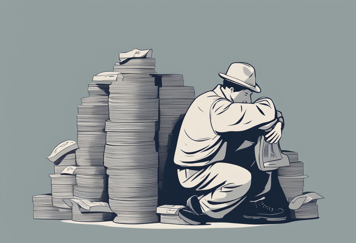 A person struggling under a heavy weight of debt, with a credit score dropping as looming tax debts cast a shadow over their financial options