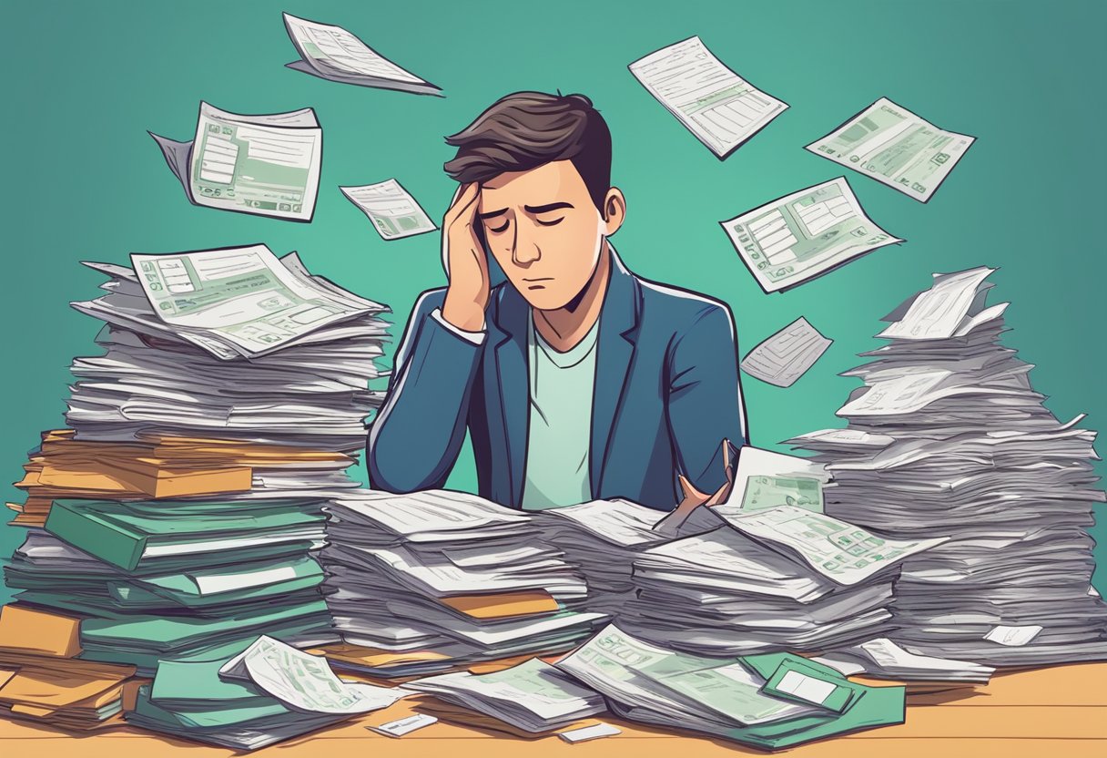 A person facing a large pile of unpaid taxes, with a credit score dropping in the background. They are surrounded by financial documents and a calculator, looking stressed and overwhelmed