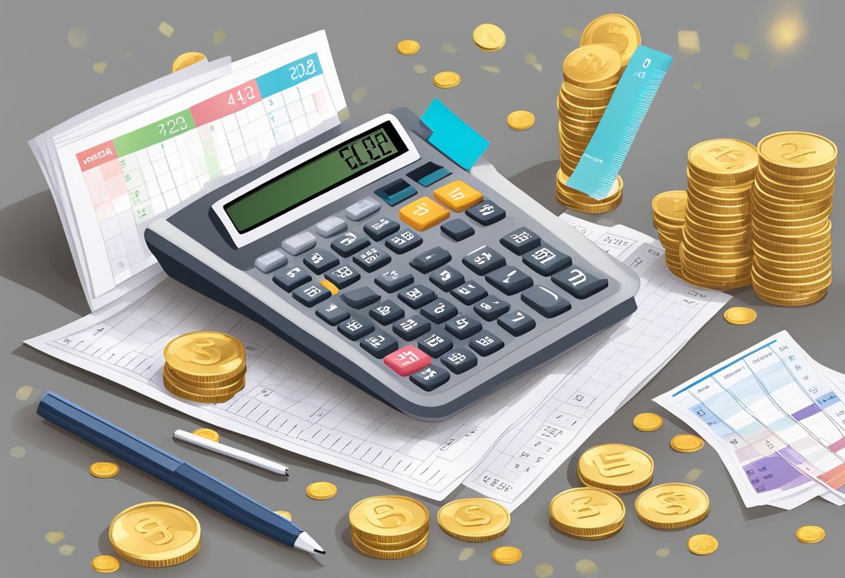 A calculator surrounded by stacks of bills and coins, with a calendar showing dates passing by