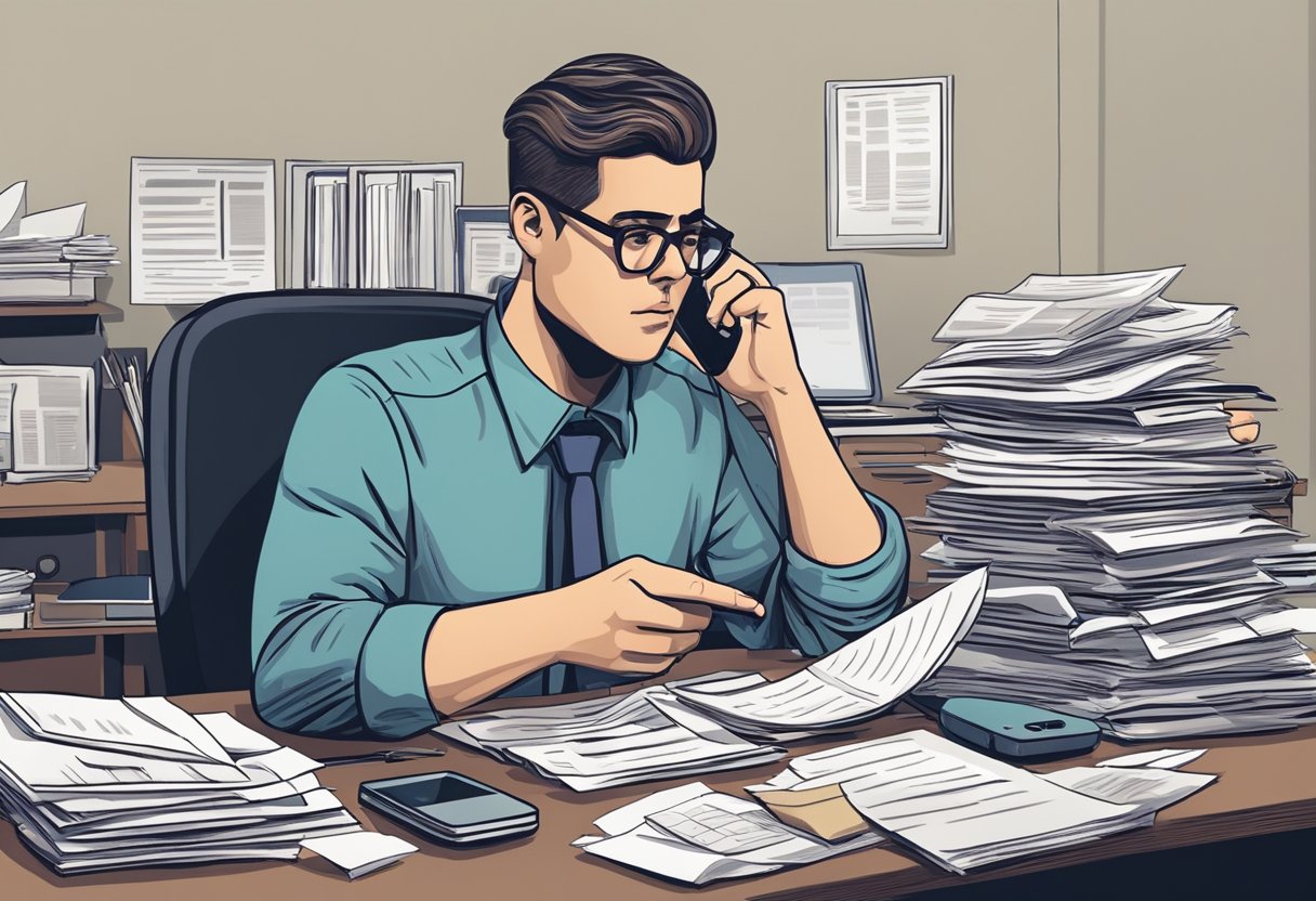 A person sitting at a desk with a stack of paperwork, a computer, and a phone. They are looking frustrated while trying to figure out how to remove a federal IRS embargo on a debt that has already been paid