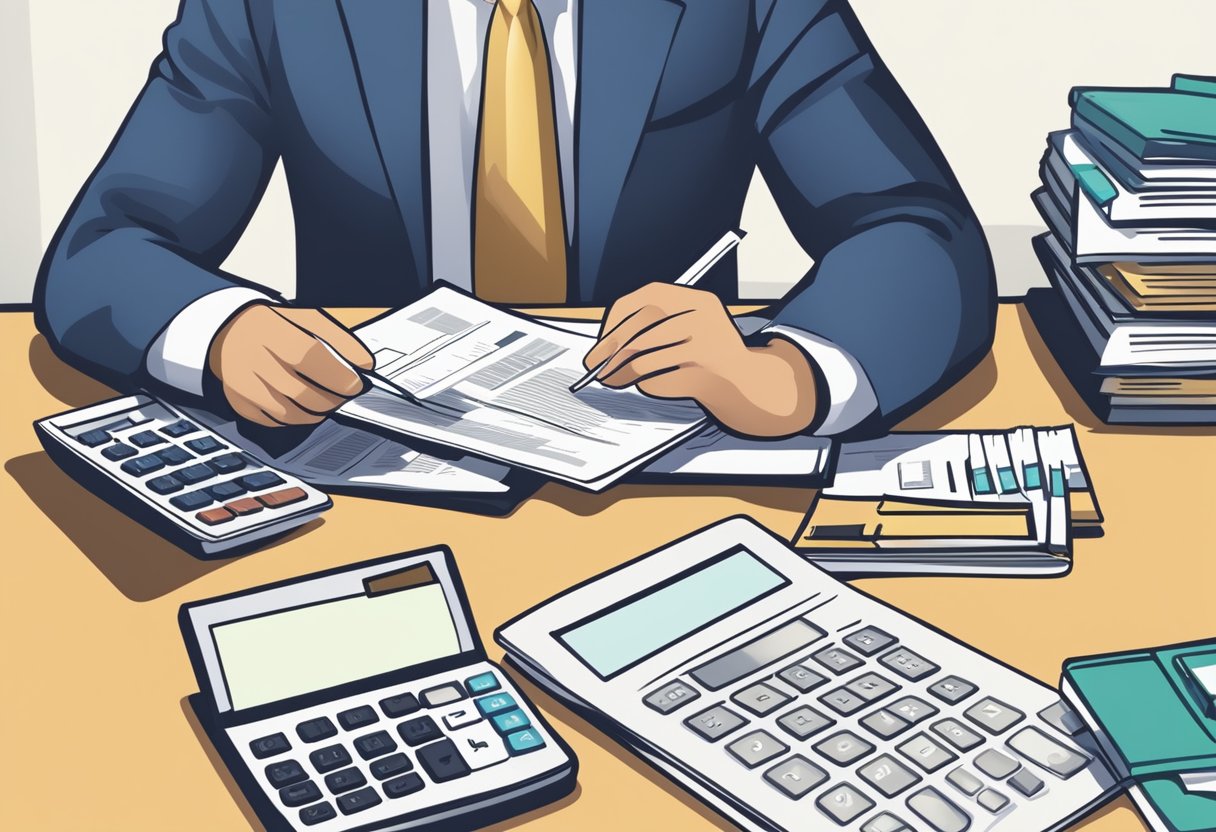 A person reviewing tax documents and financial statements, surrounded by folders and a calculator. An IRS logo is visible in the background