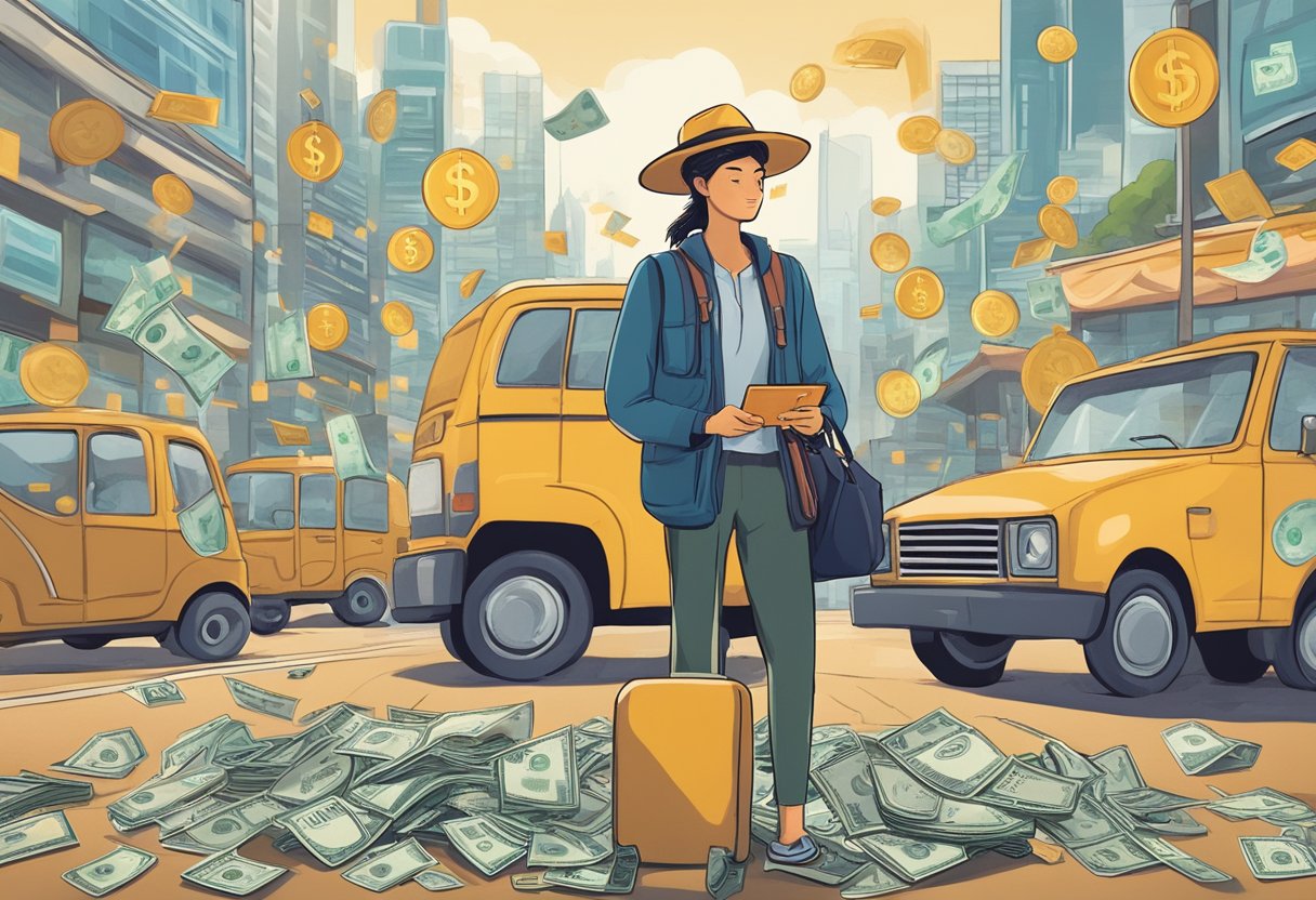 A traveler in a foreign city, holding a credit card while facing unexpected financial challenges. They are surrounded by unfamiliar currency symbols and signs