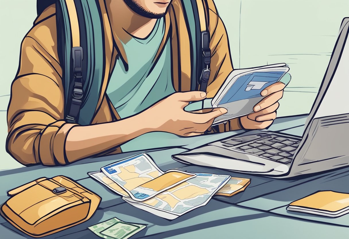 A traveler uses a credit card while abroad, with a map and passport nearby. They are mindful of protecting their credit while making purchases