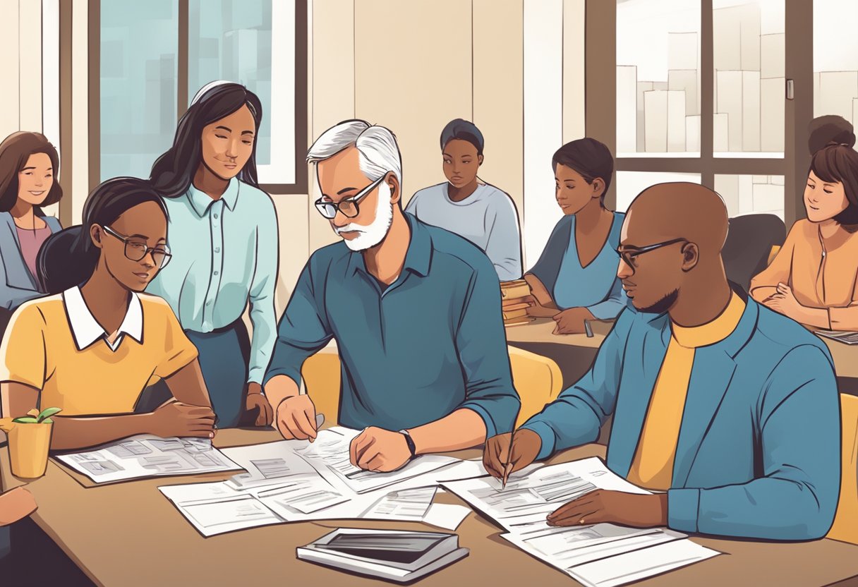 A person teaching a group about financial education, using charts and graphs to explain debt prevention and management